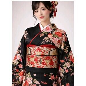 Vintage Japanese Silk Fukuro Obi Asian Tapestry Red Black Metallic Gold Silver